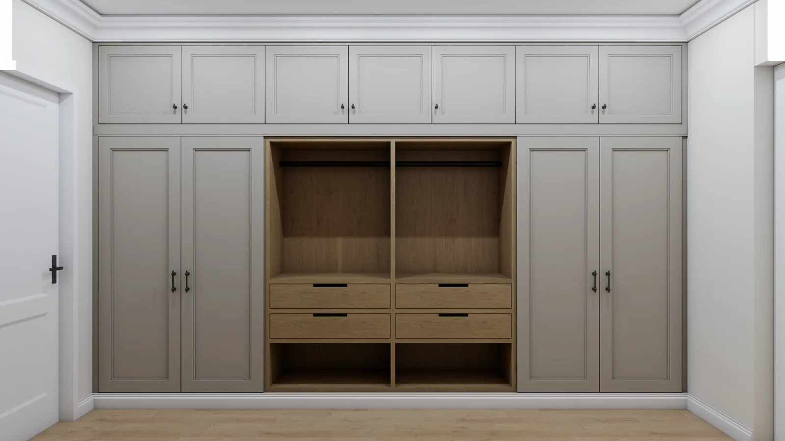 Floor-to-ceiling built-in closet system with gray-stained wood doors and open cubbies