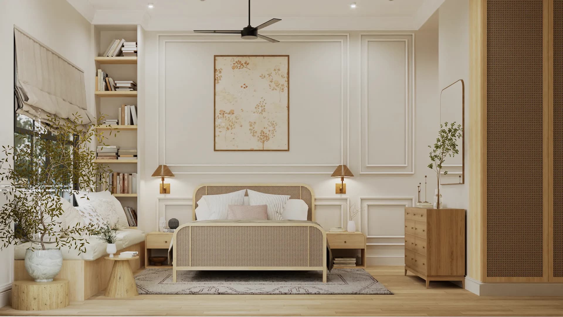 Japandi primary bedroom with custom cane bed frame, white panel molding walls, built-in bookshelves, and brass sconces