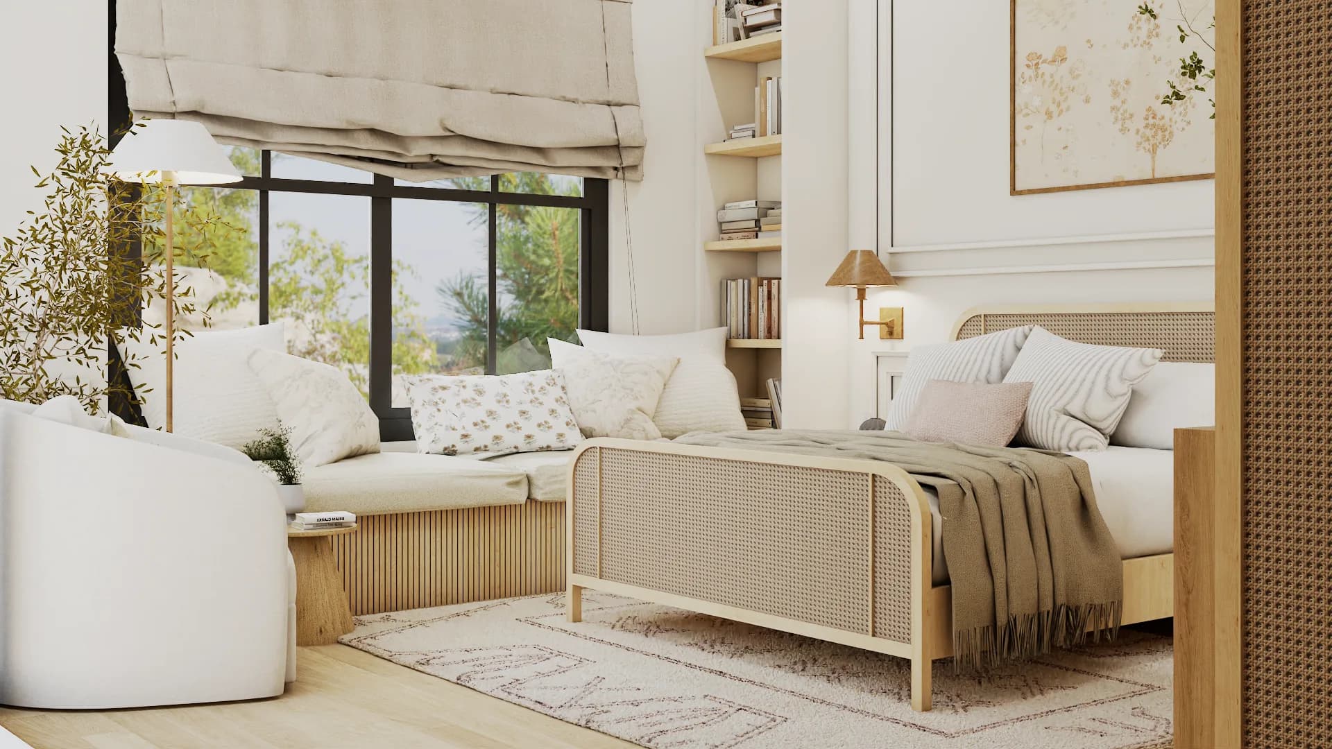 Neutral bedroom with rattan bed frame, cushioned window seat, and built-in shelving