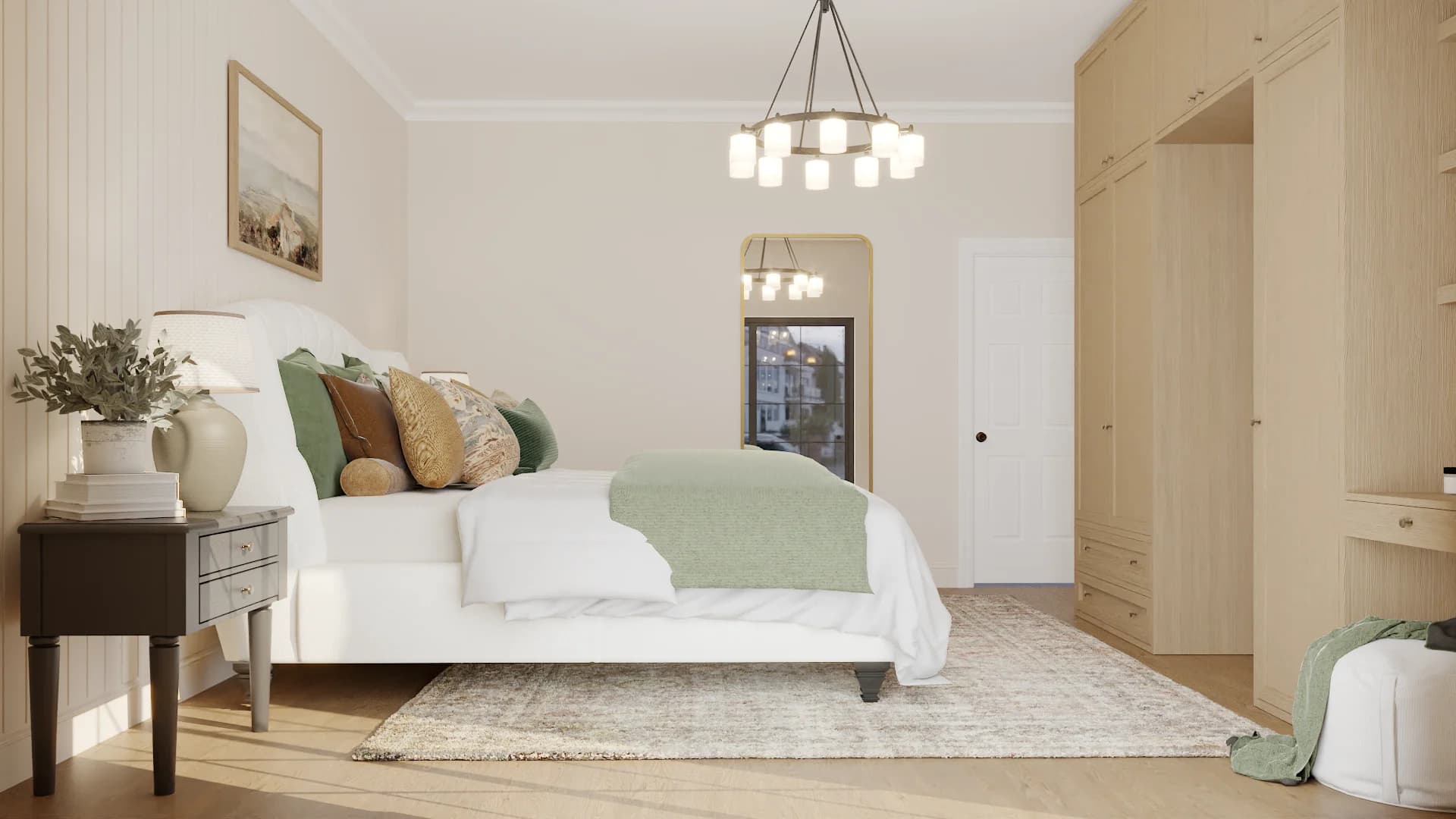Cream bedroom with chandelier, sage green bedding, and light wood built-in wardrobe