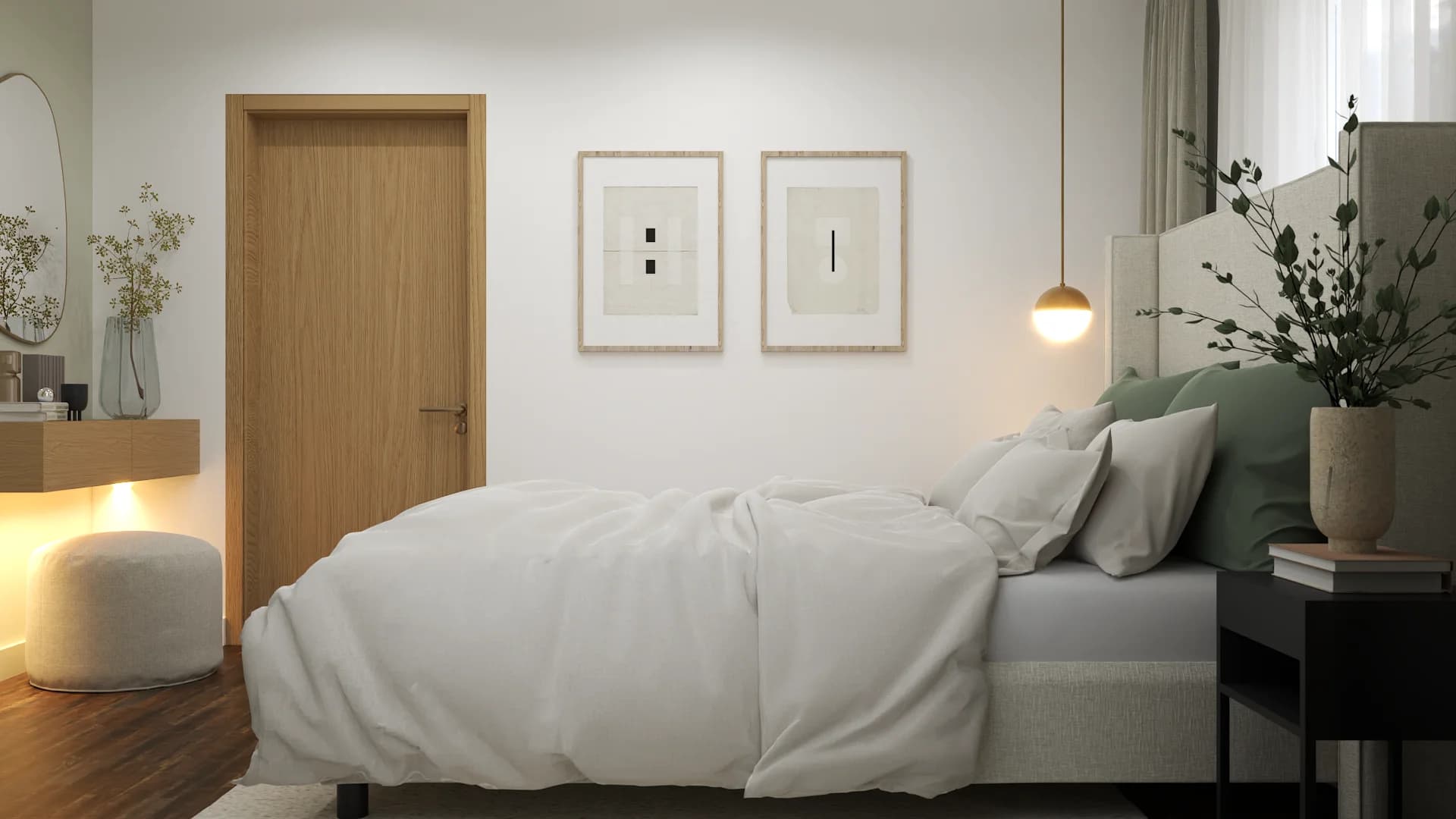 Warm Scandinavian bedroom with cream wingback headboard, sage pillows, brass pendant, and arched mirror.