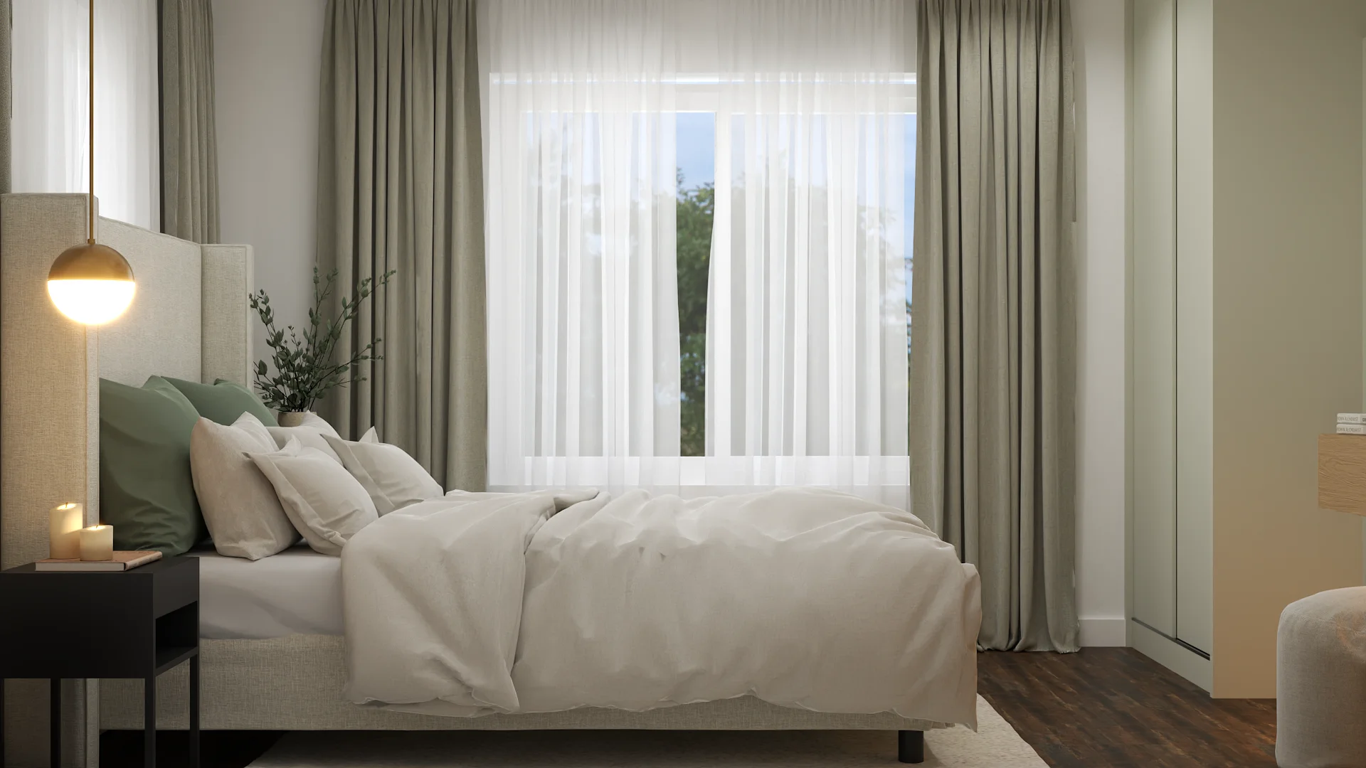 Sage accent pillows on a white bed below a large window with sheer drapes and olive side panels.