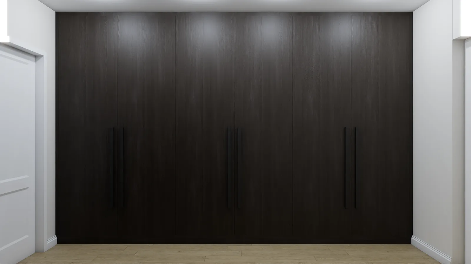 Dark espresso wardrobe spanning the full wall with six panel doors and black bar handles on light oak flooring