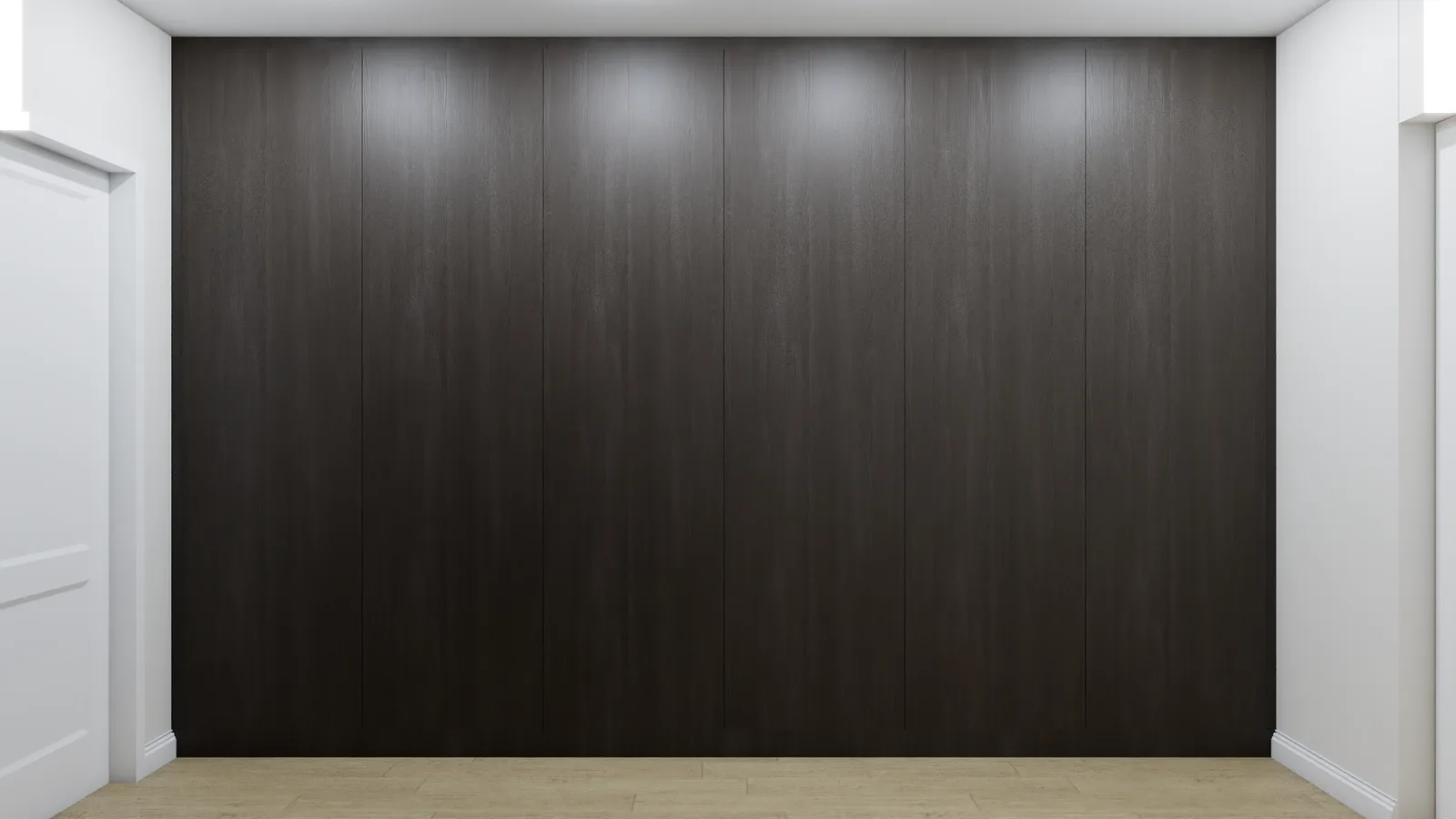 Full-height dark wood vertical grain wardrobe paneling with recessed LED lighting and clean modern lines