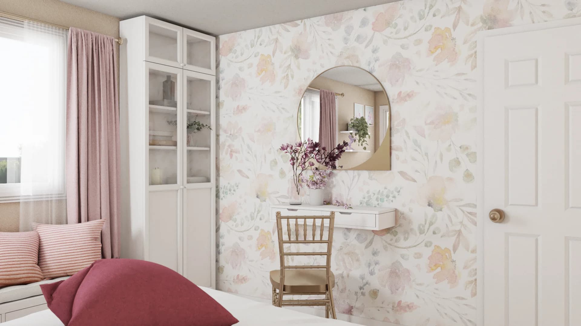 Vanity corner with floral wallpaper, arch mirror, white glass-front cabinet, gold chair
