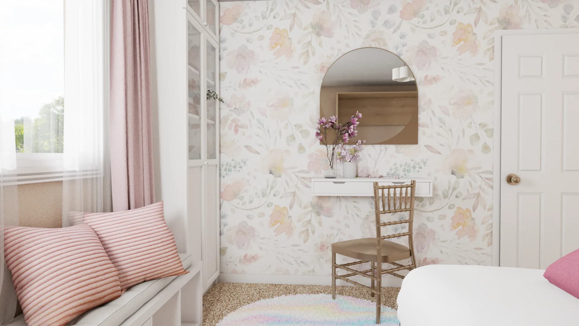 Floral watercolor accent wall with arch mirror, floating vanity shelf, and gold chiavari chair