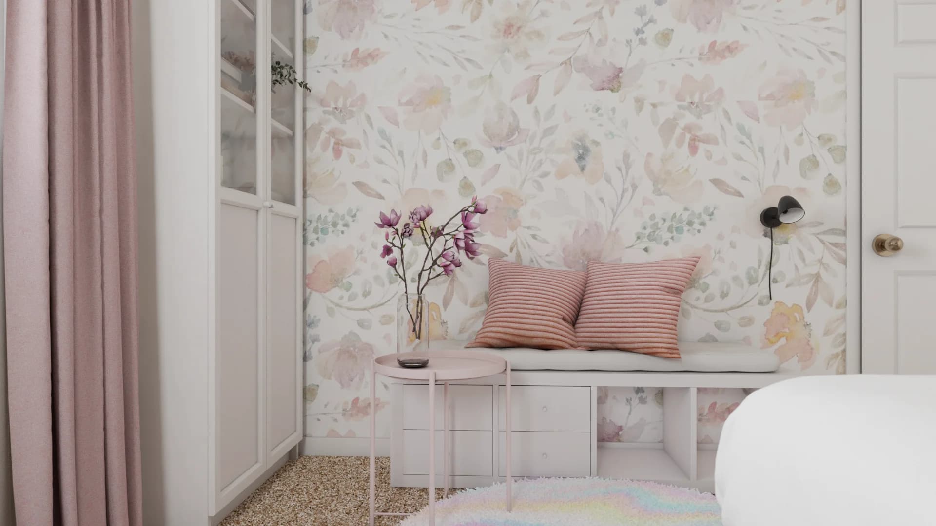 Storage bench with striped coral cushions against soft floral wallpaper, pink curtains