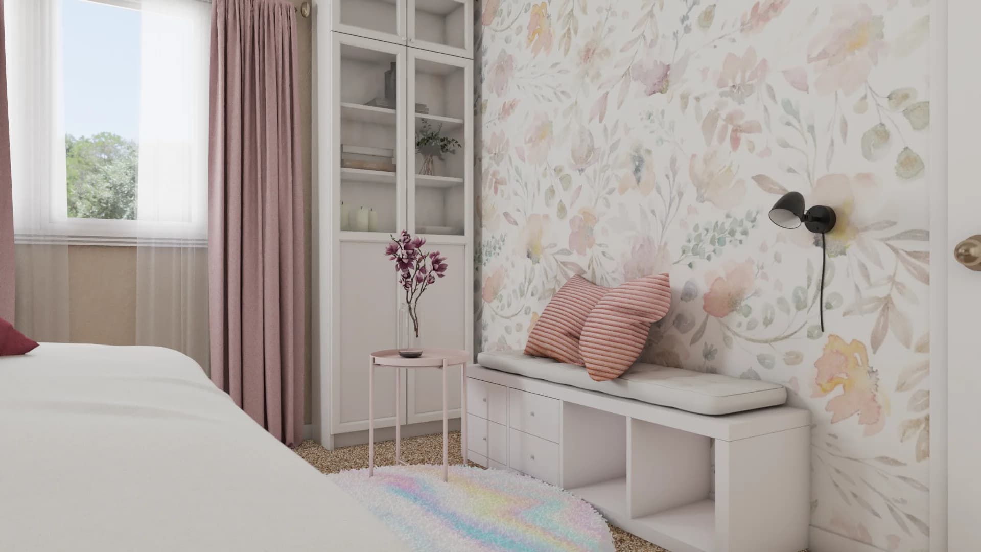 Storage bench with drawers against floral wallpaper, coral striped pillows and pastel round rug