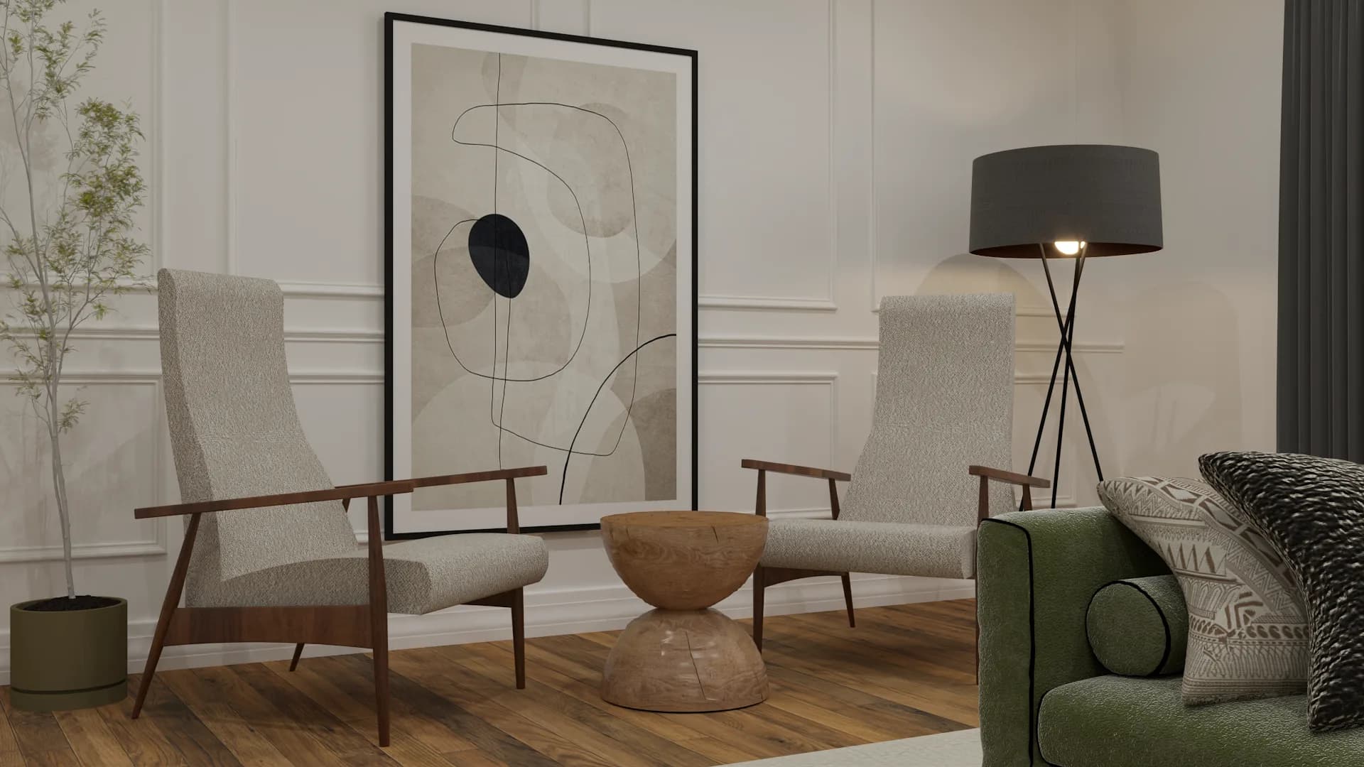 Sitting area with mid-century linen chairs, terracotta side table, and abstract art