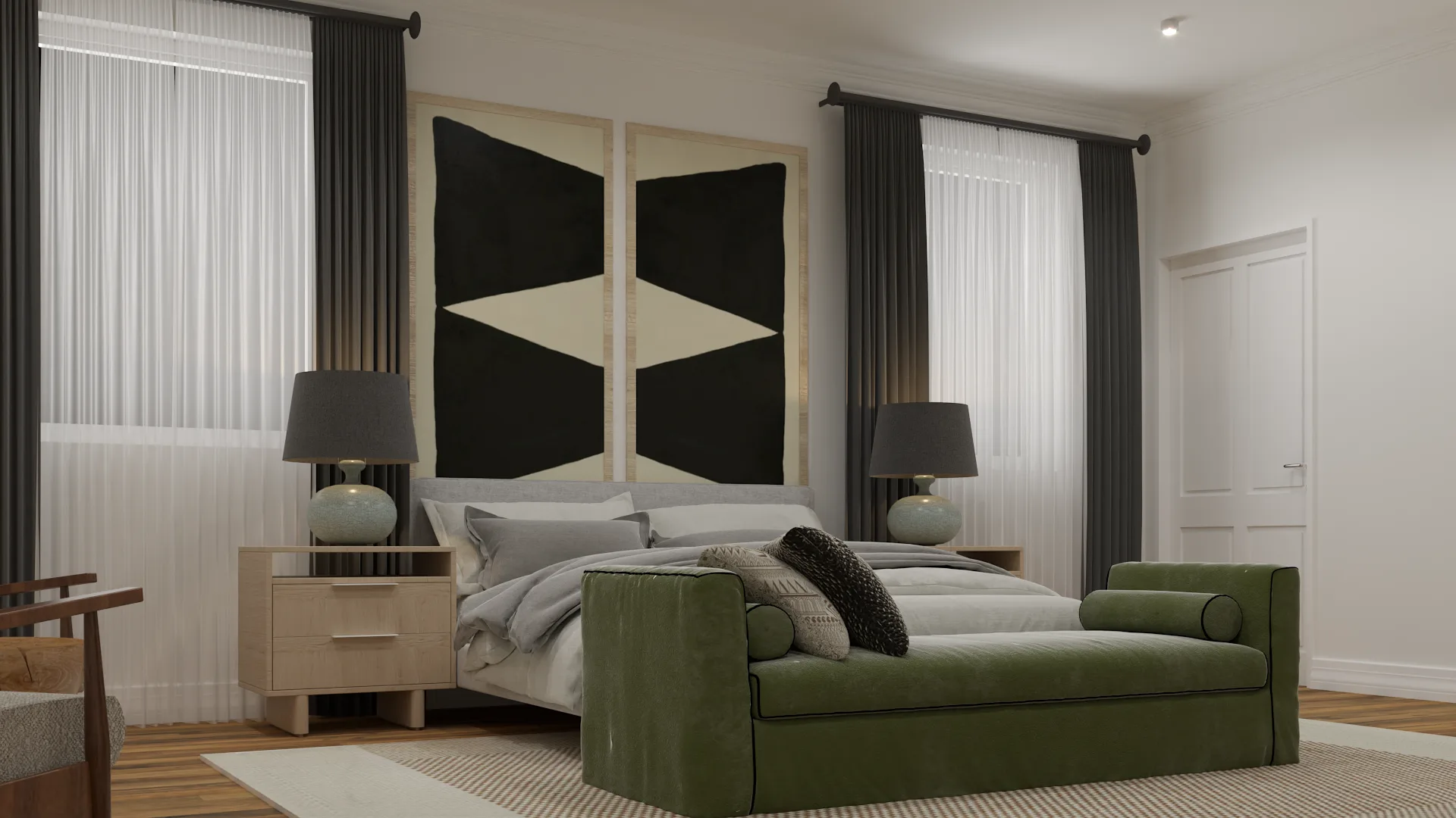 Bedroom with oversized black and cream geometric canvas above bed, olive green velvet daybed, gray curtains, and oak nightstands