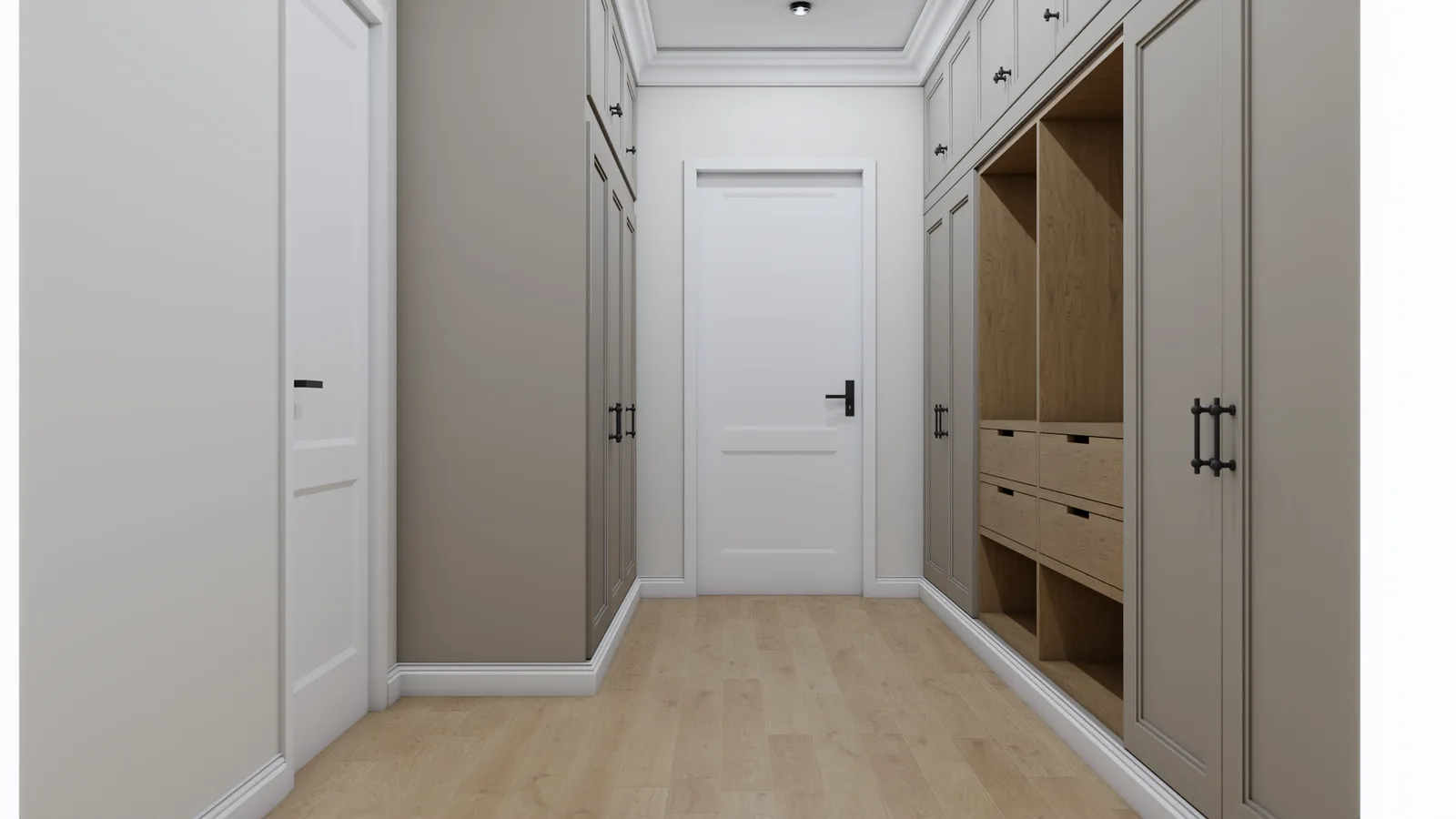 Hallway closet with white panel doors flanking a gray wood center section with open shelving and styled display storage