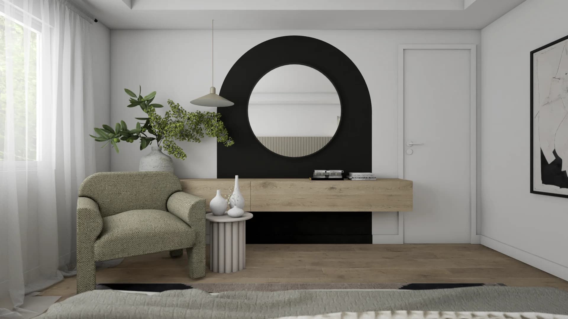 Black arch accent wall with round mirror and floating oak console in master bedroom sitting area