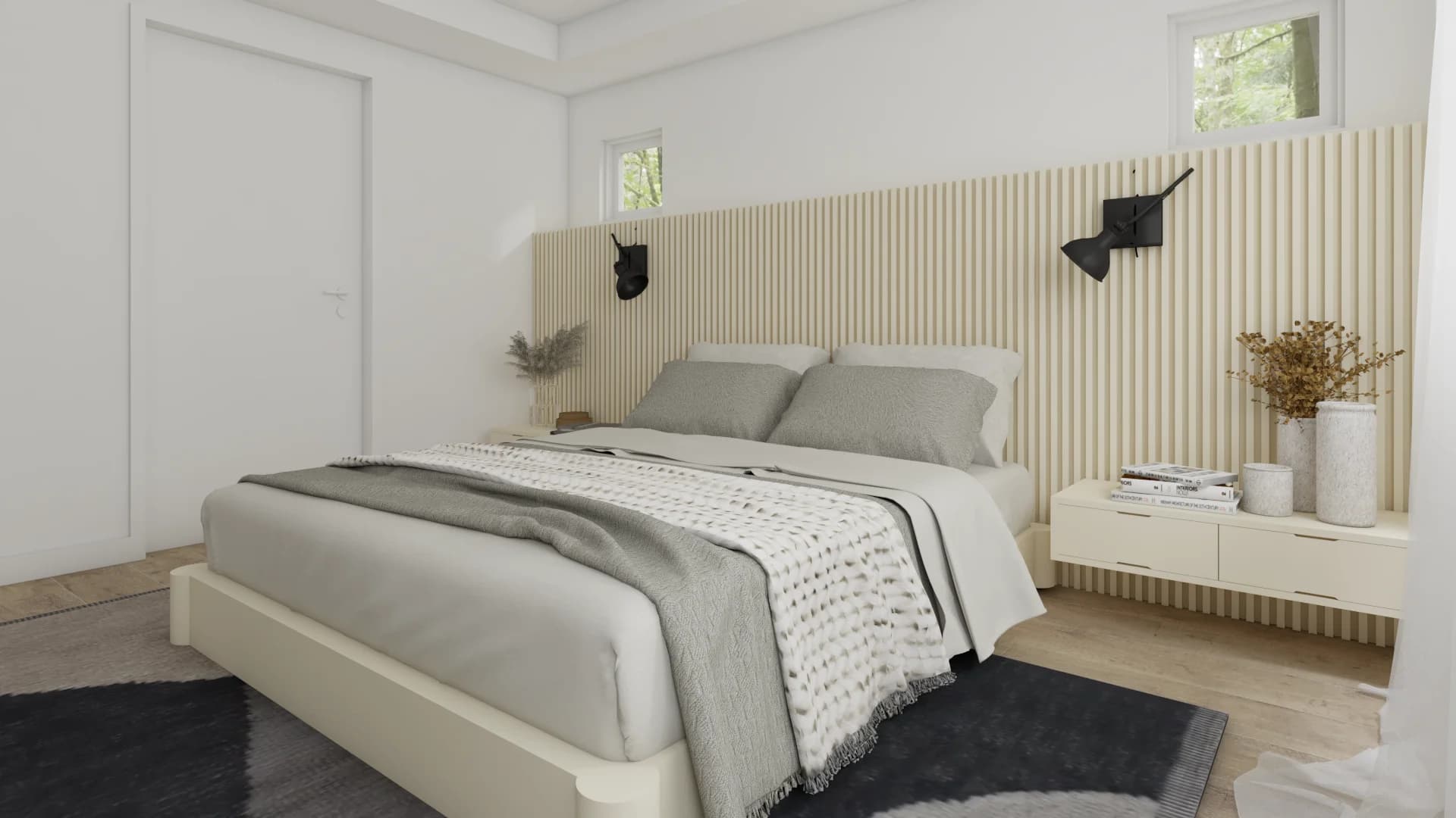 Front view of oak slat headboard wall with two black wall sconces and white floating nightstands