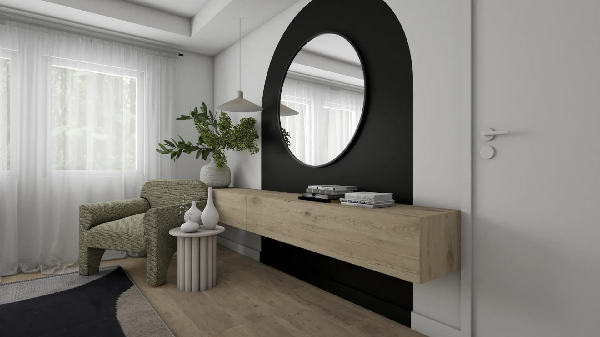 Floating oak console below round arch mirror with sage boucle armchair and white ceramic vases