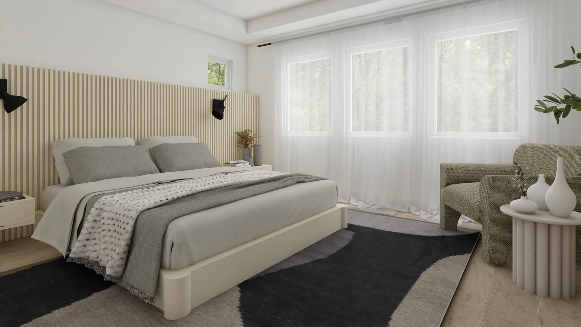 Master bedroom with full-height oak slat headboard wall, sage green boucle armchair, black shag rug, and sheer curtain windows