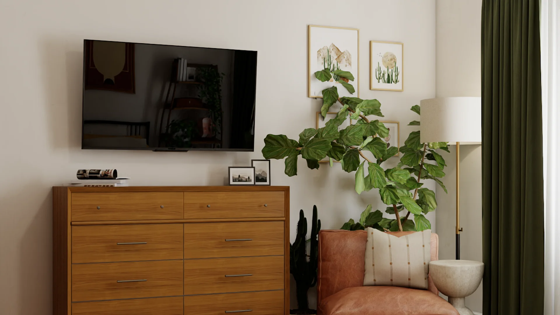 Oak dresser with wall-mounted TV, botanical prints, fiddle leaf fig, and cognac leather armchair.