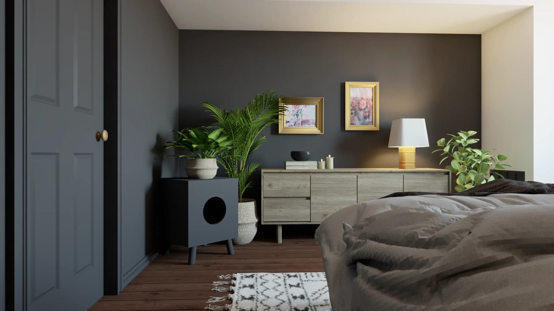 Dark grey bedroom with wood dresser, gold-framed art, palm plant, and patterned rug
