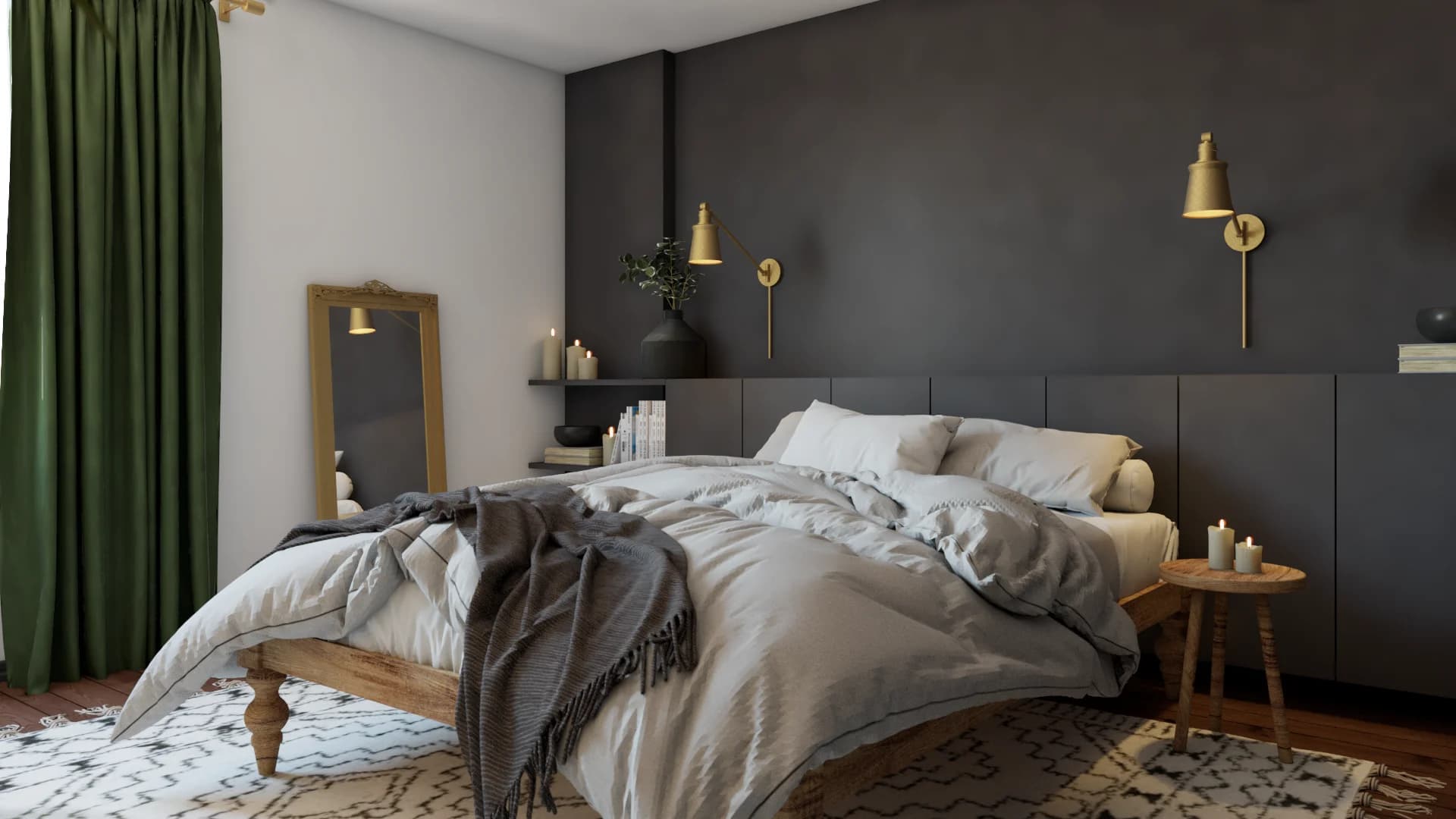Primary bedroom with charcoal wall panels, brass articulating sconces, green velvet curtains, and oak platform bed on Berber rug.