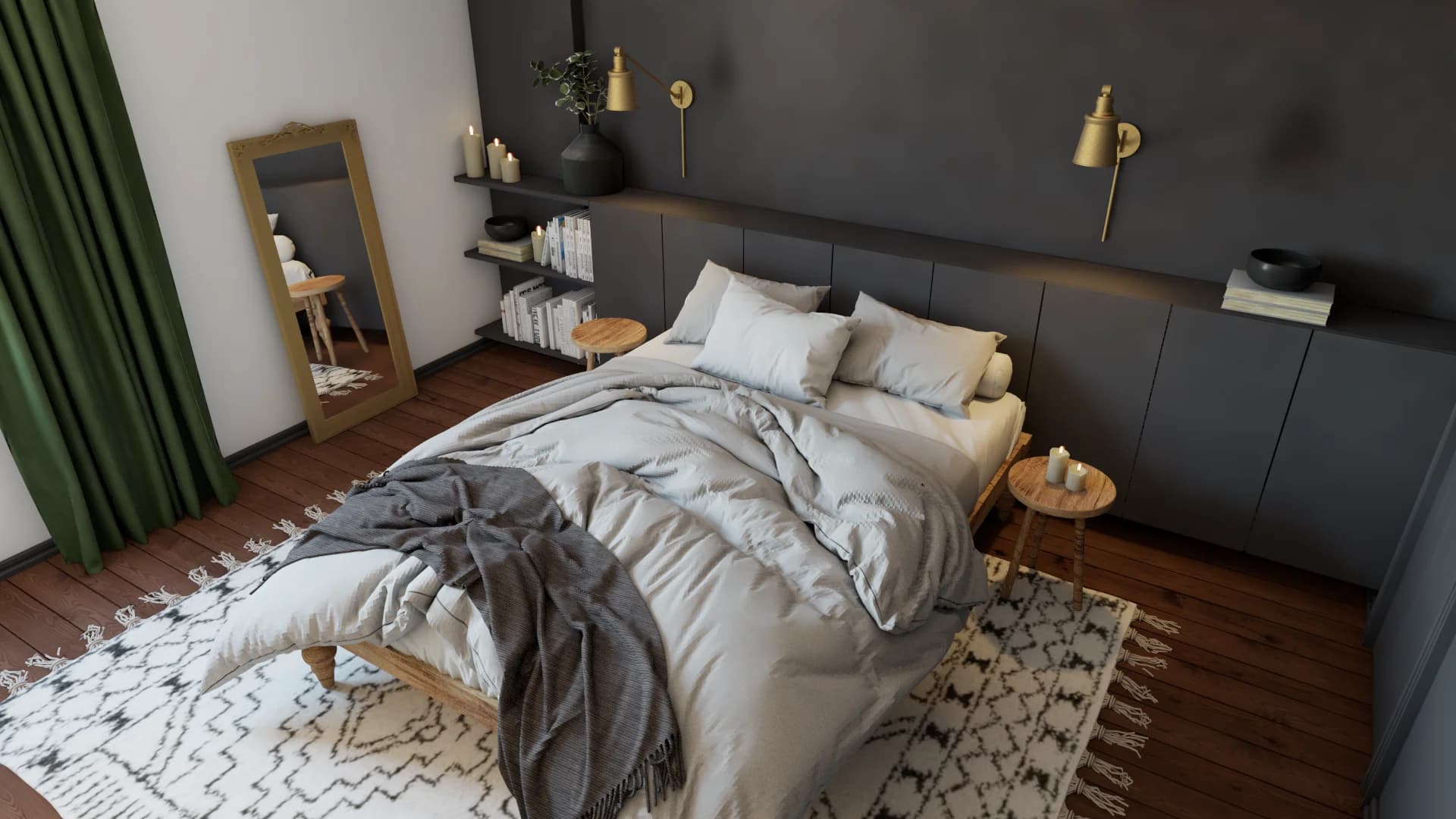 Overhead view of charcoal bedroom with brass sconces, oak bed, Berber rug, and gold floor mirror
