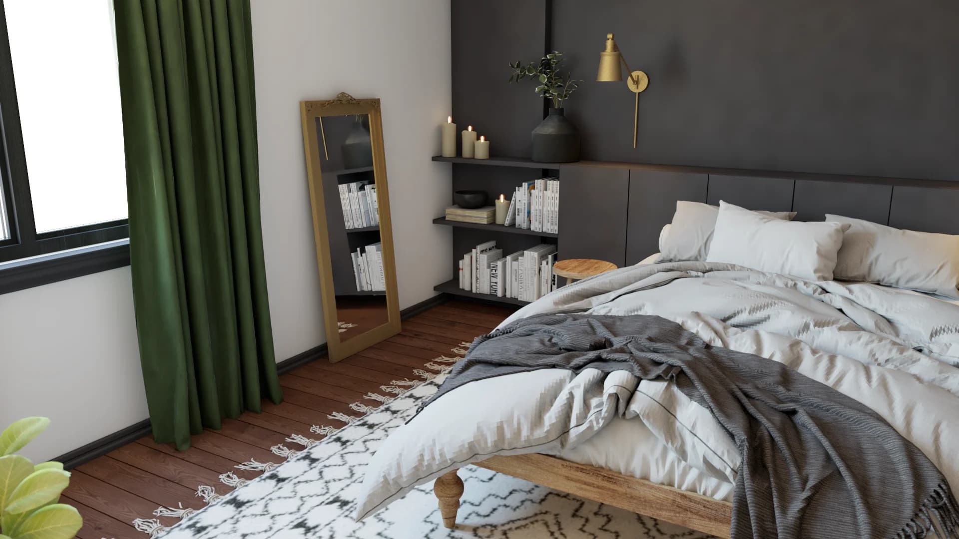 Dark panel bedroom corner with green velvet drapes, gold mirror, bookshelf, and candles