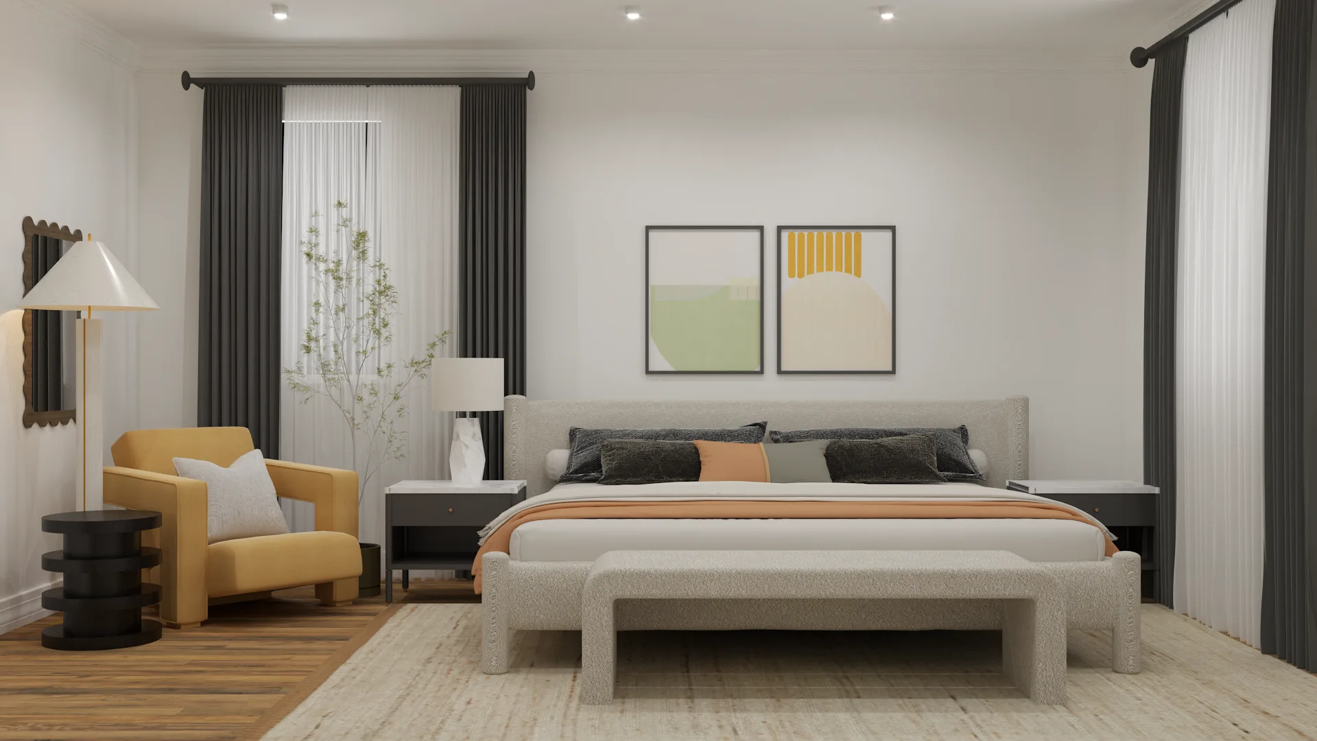 Bedroom with mustard yellow lounge chair, terracotta bed runner, abstract green and yellow art prints, black floor lamp, and charcoal drapes