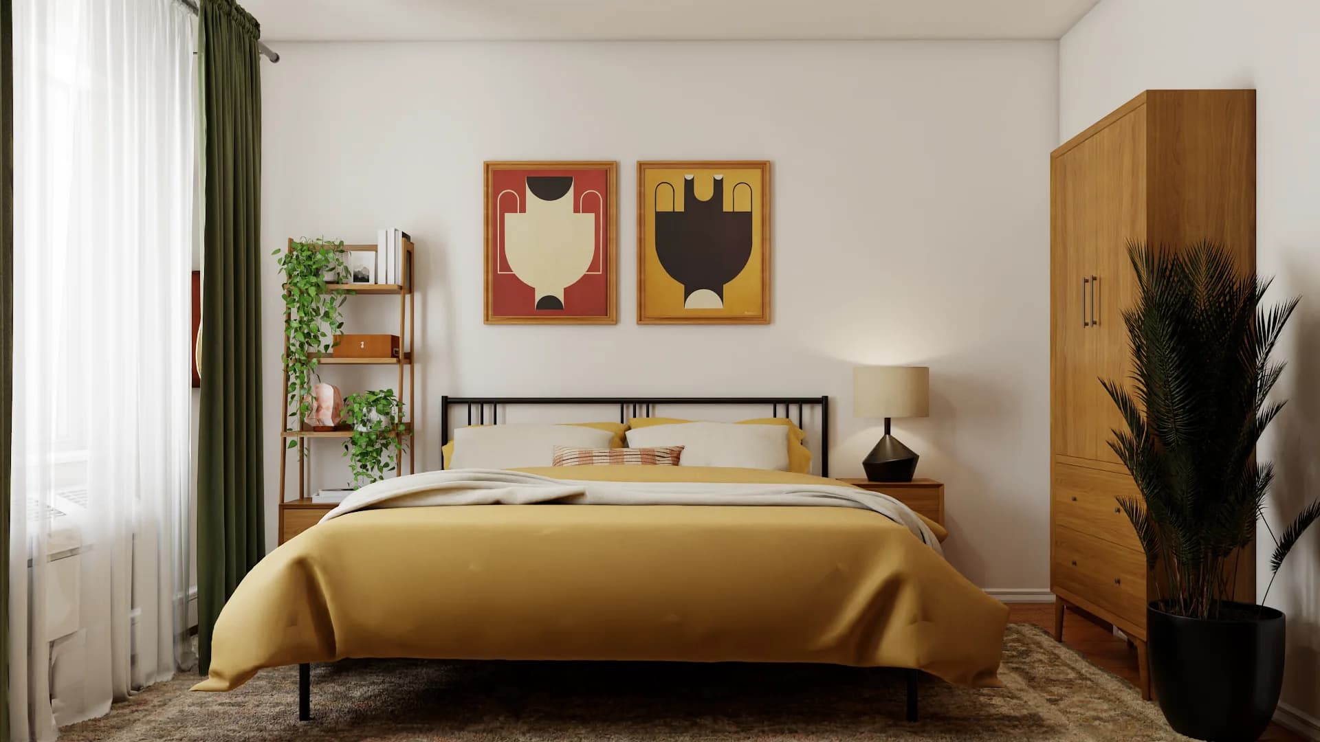 Mid-century modern bedroom with mustard duvet, black spindle headboard, paired abstract poster prints, and oak wardrobe.