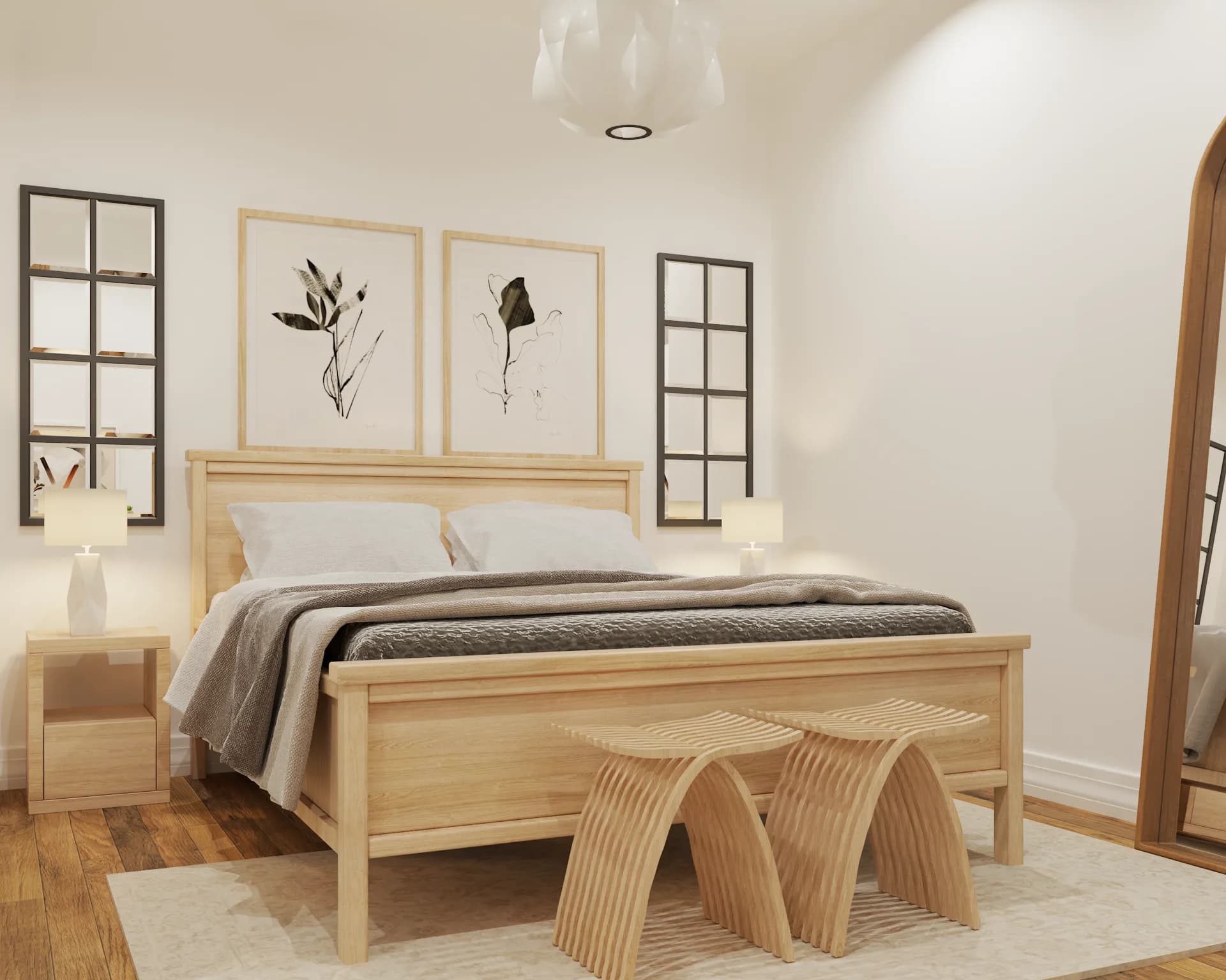 Japandi bedroom with natural blonde pine bed frame, slatted bench, globe pendant, botanical prints, and arched wardrobe mirror