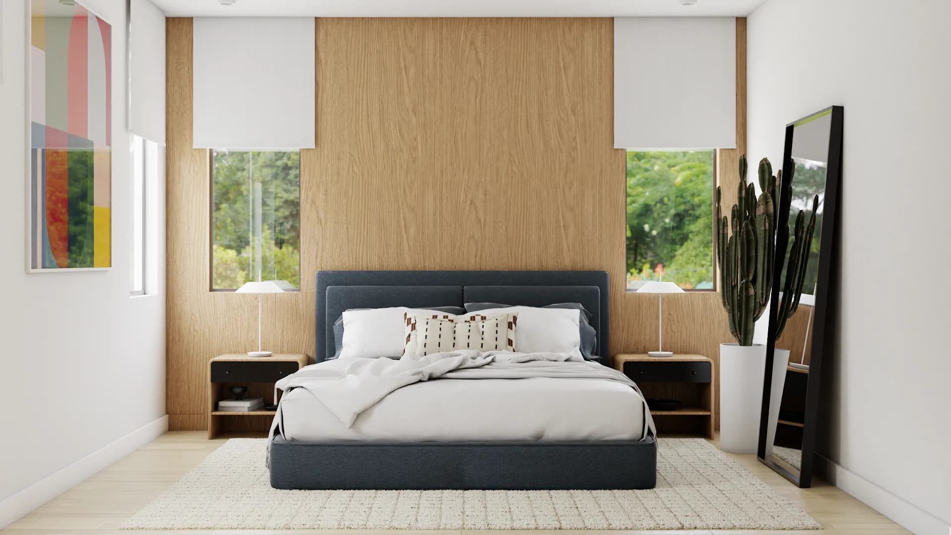 Bedroom with navy upholstered platform bed, full-height honey oak panel headboard wall, flanking windows, and abstract colorful art