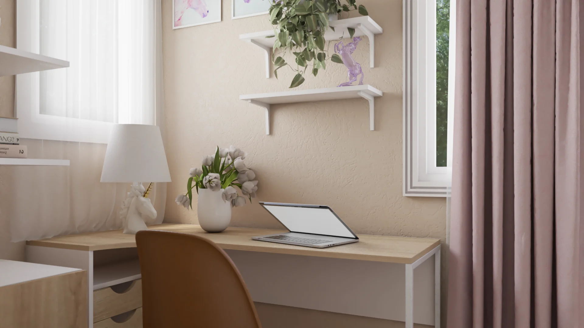 Built-in study desk with oak top, white floating shelves, trailing plant, and pink curtains