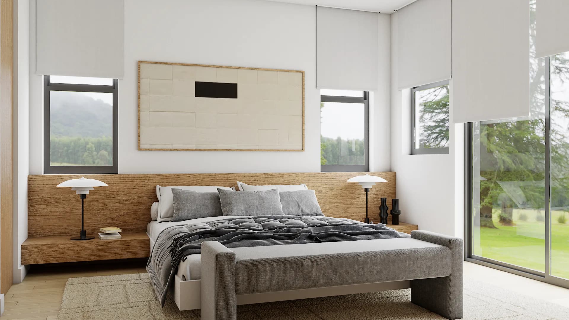 Japandi bedroom with wide oak floating headboard wall, gray linen bedding, mushroom table lamps, and floor-to-ceiling garden windows
