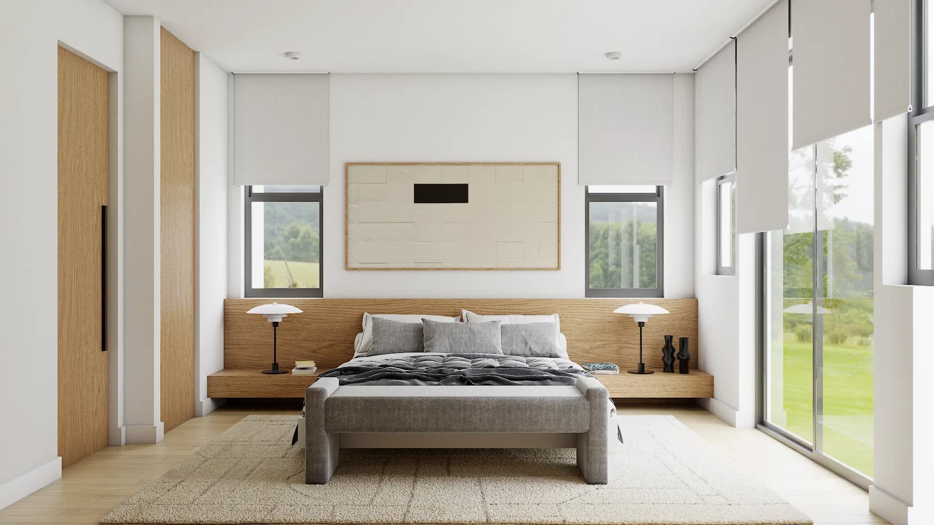 Full-width Japandi bedroom showing oak wardrobe panel door, headboard shelf, platform bed, and garden windows