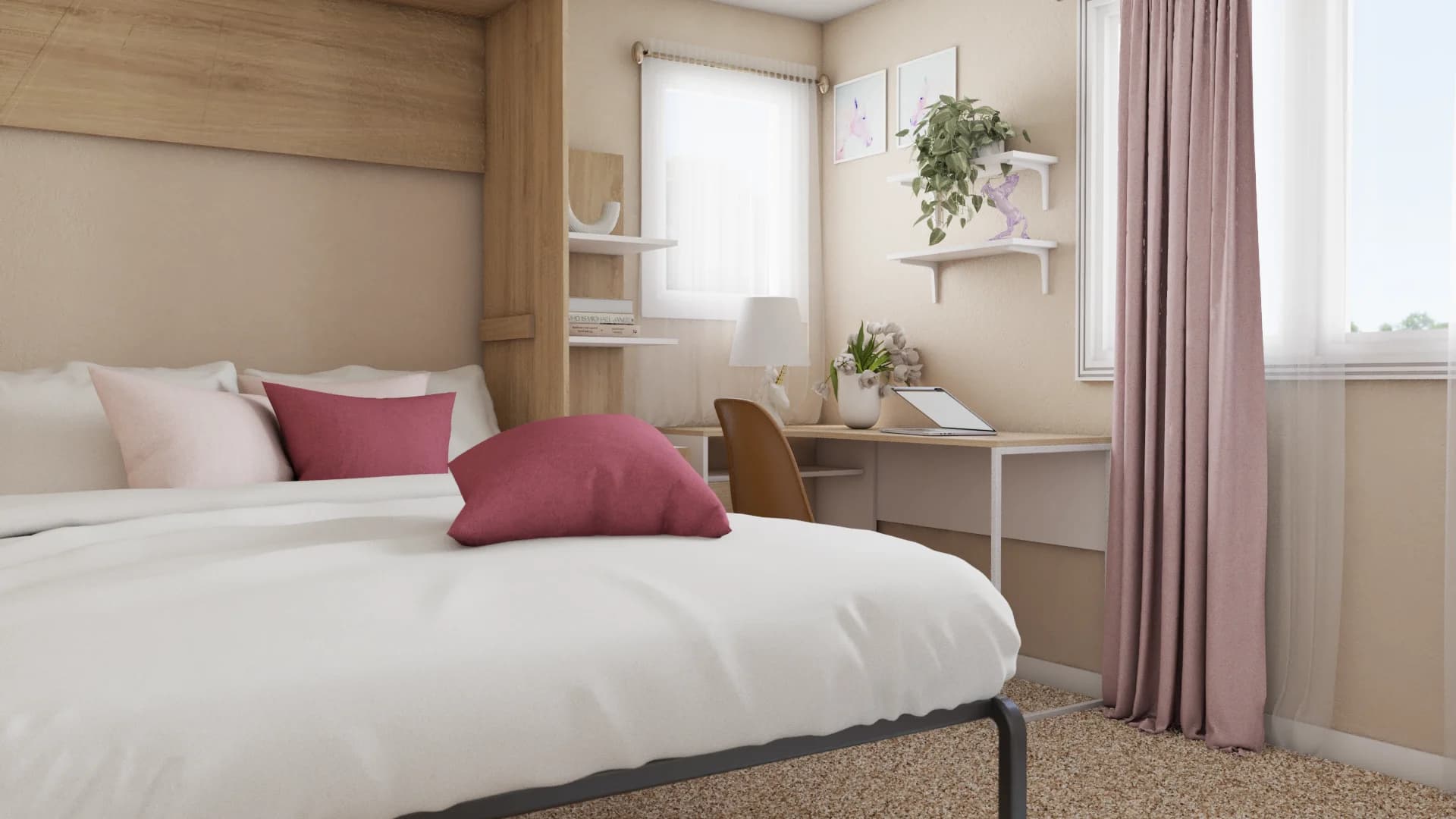 Oak headboard with linen panel, desk nook with floating shelves, blush curtains and pillows
