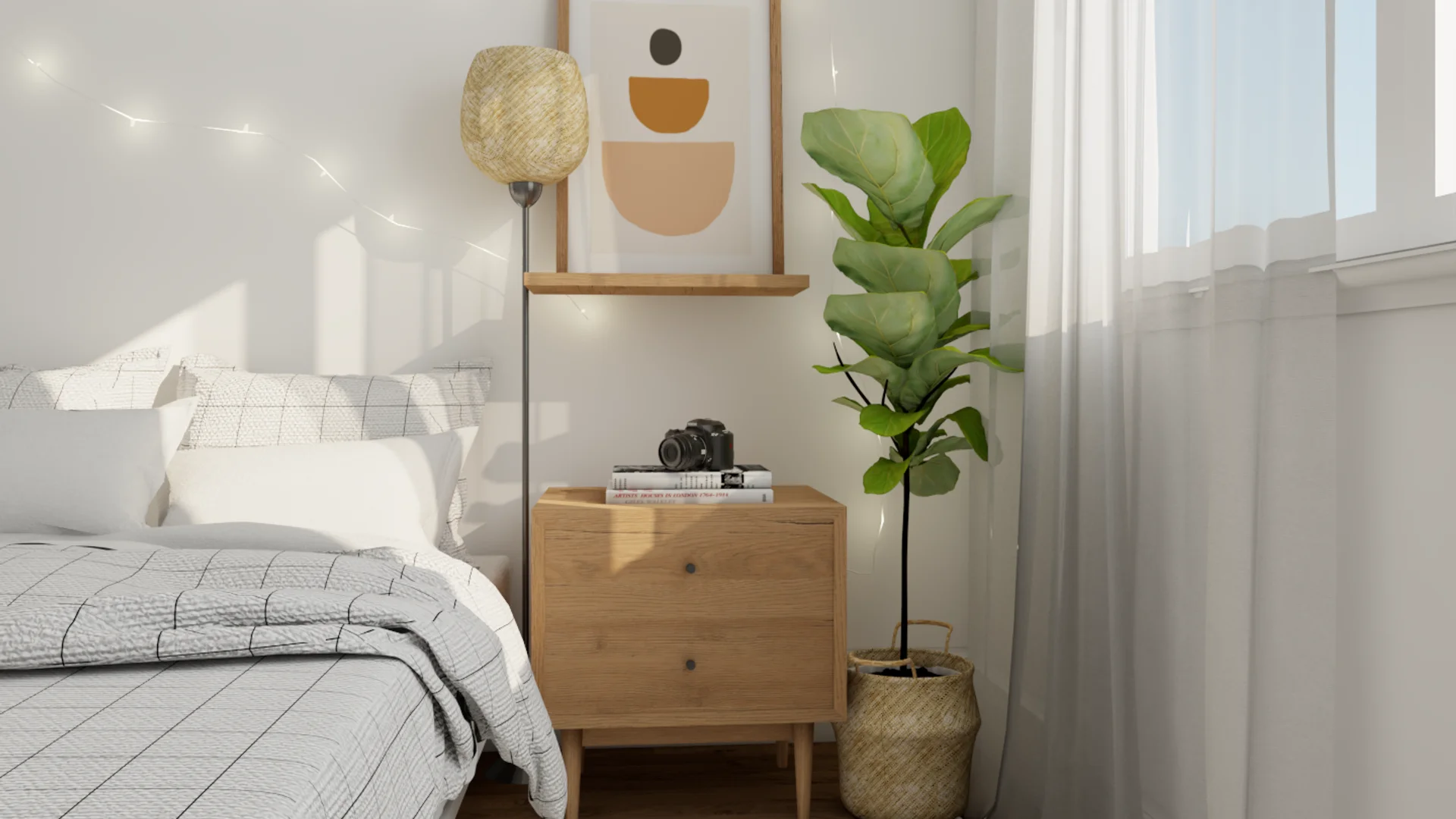 Oak nightstand with fiddle leaf fig, rattan pendant light, and grid-pattern bedding