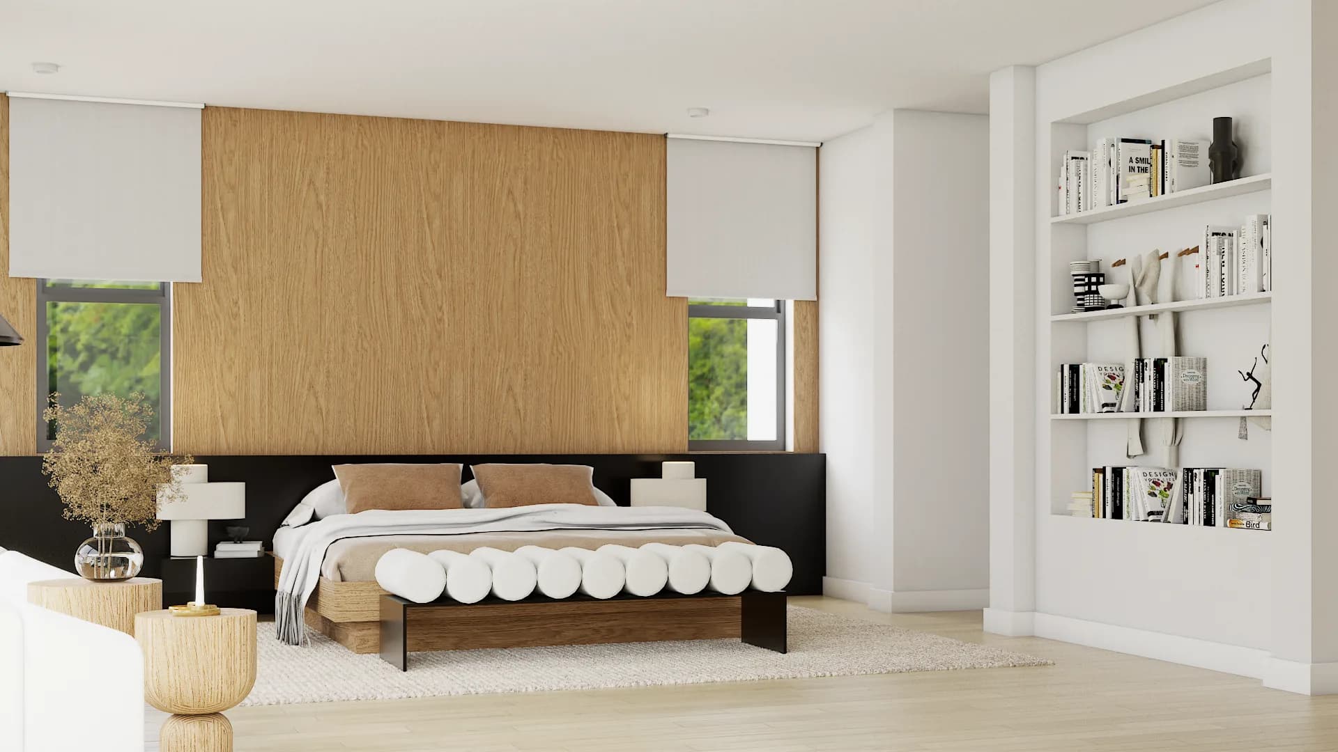 Contemporary bedroom with full-height oak panel headboard wall, black platform bed, white boucle bench, and built-in bookshelves
