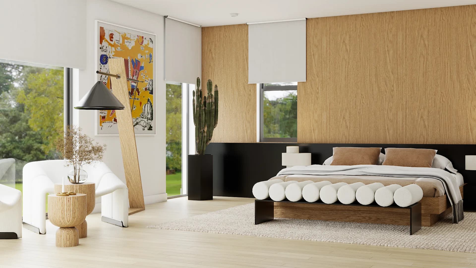 Corner view with curved accent chair, rattan side table, abstract canvas, and garden windows