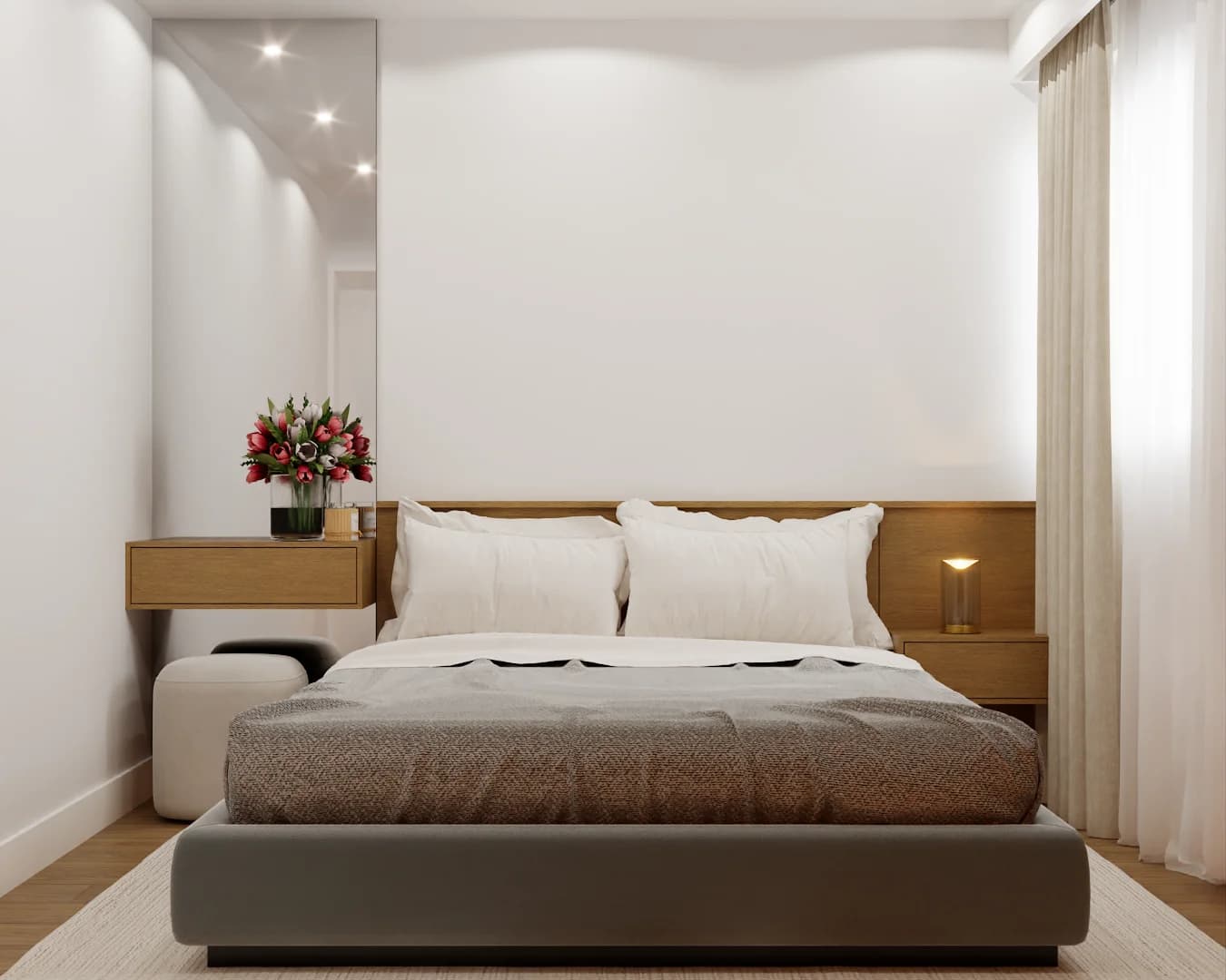 Minimalist white bedroom with low oak platform bed, floating nightstands, brass lamp, and arched wall niche