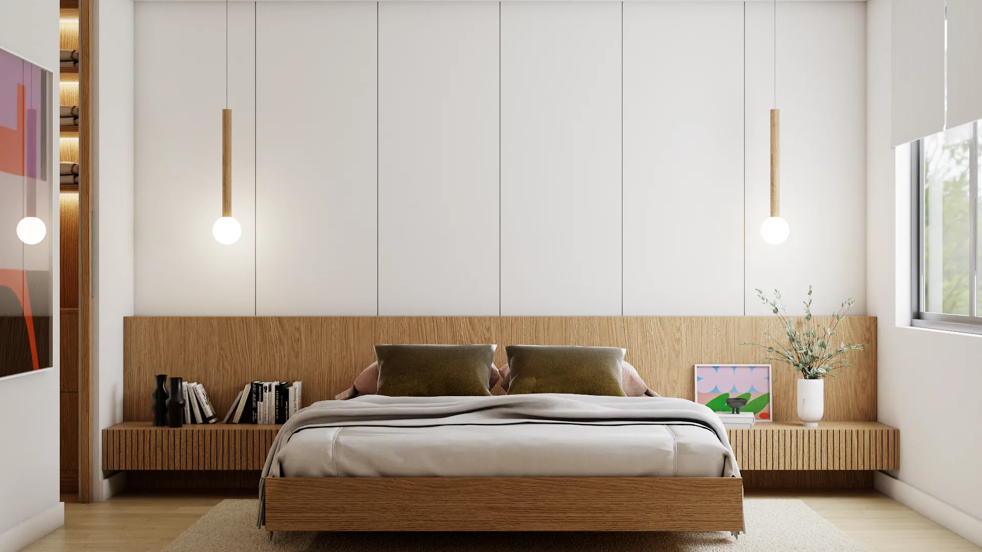 Oak platform bed with ribbed nightstands and pendant bulb lights against tall white panel wall