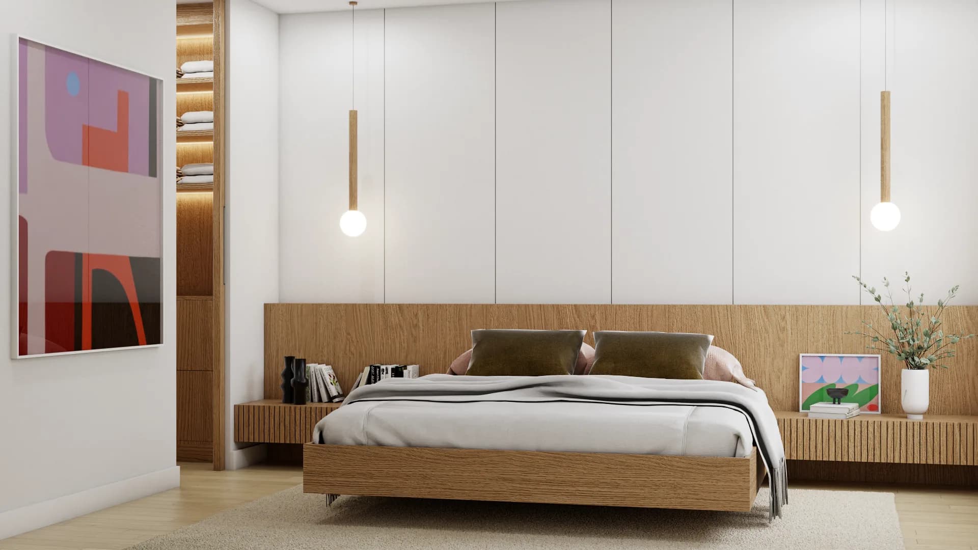 Oak platform bed with floating ribbed nightstands, pendant lights, white panel headboard, open walk-in closet, and colorful art