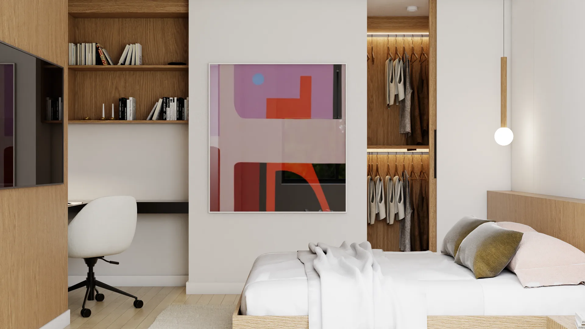 Built-in desk nook with oak shelving, abstract art, and open closet with LED lighting