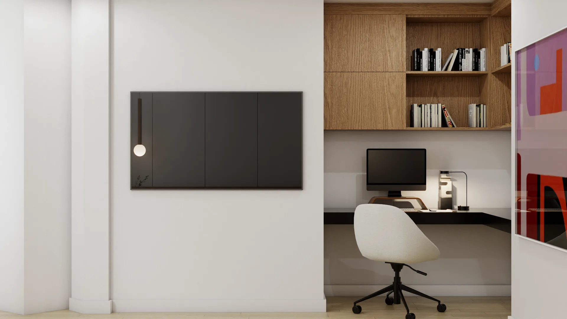 Straight-on view of oak TV wall panel with desk nook and upper shelving
