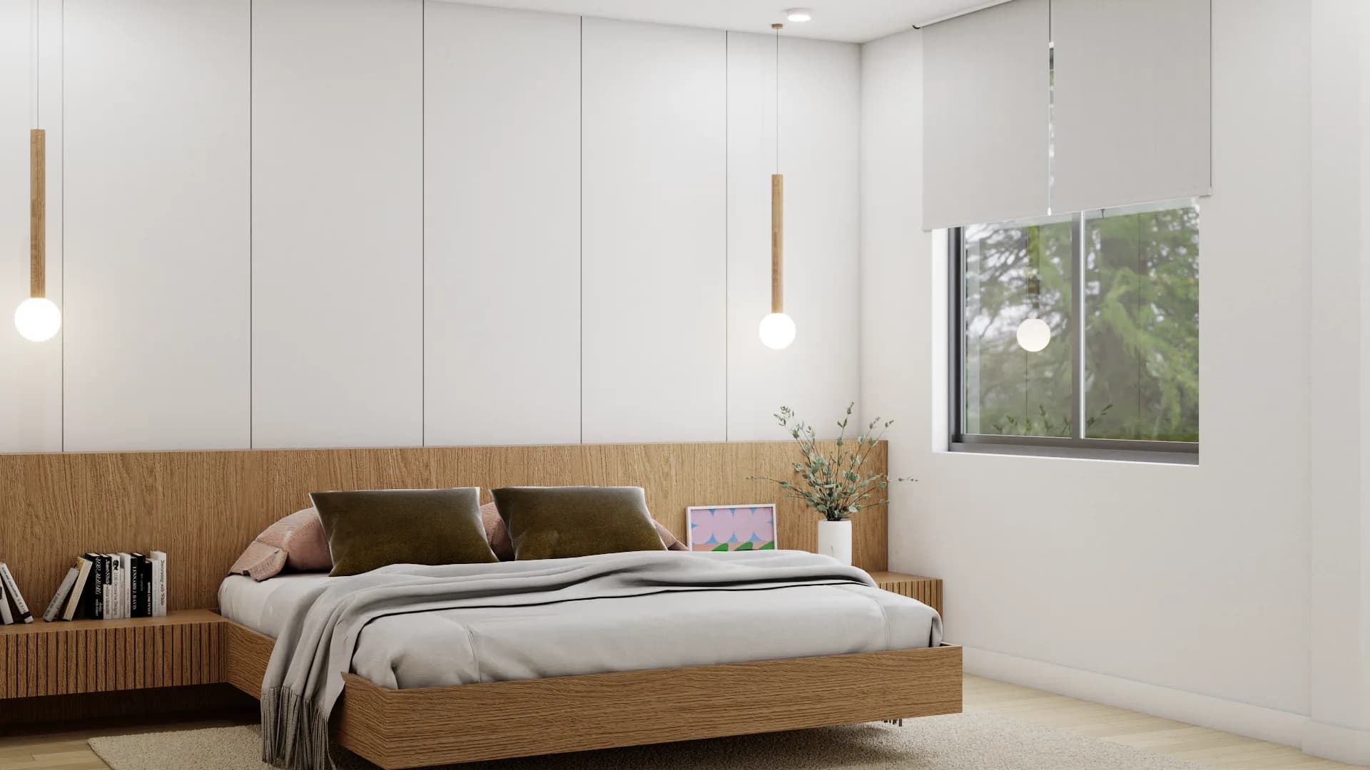 Platform bed with olive velvet cushions, pendants, and natural window light in minimalist bedroom