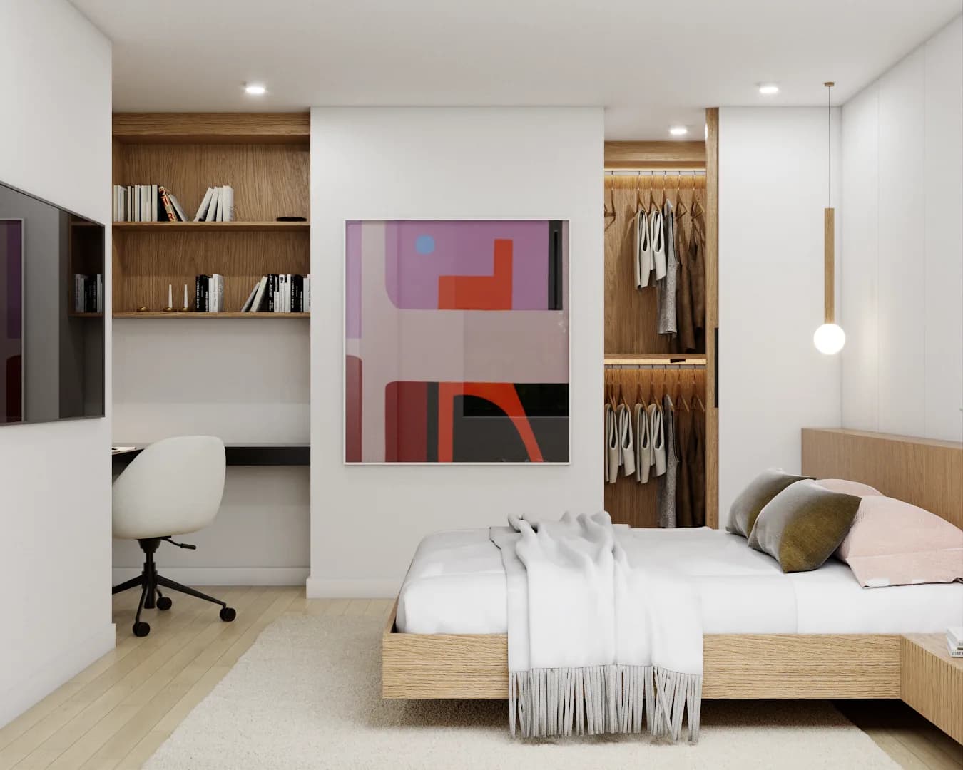 Overview of bedroom suite showing desk nook, abstract art, open closet with hanging rail, and bed