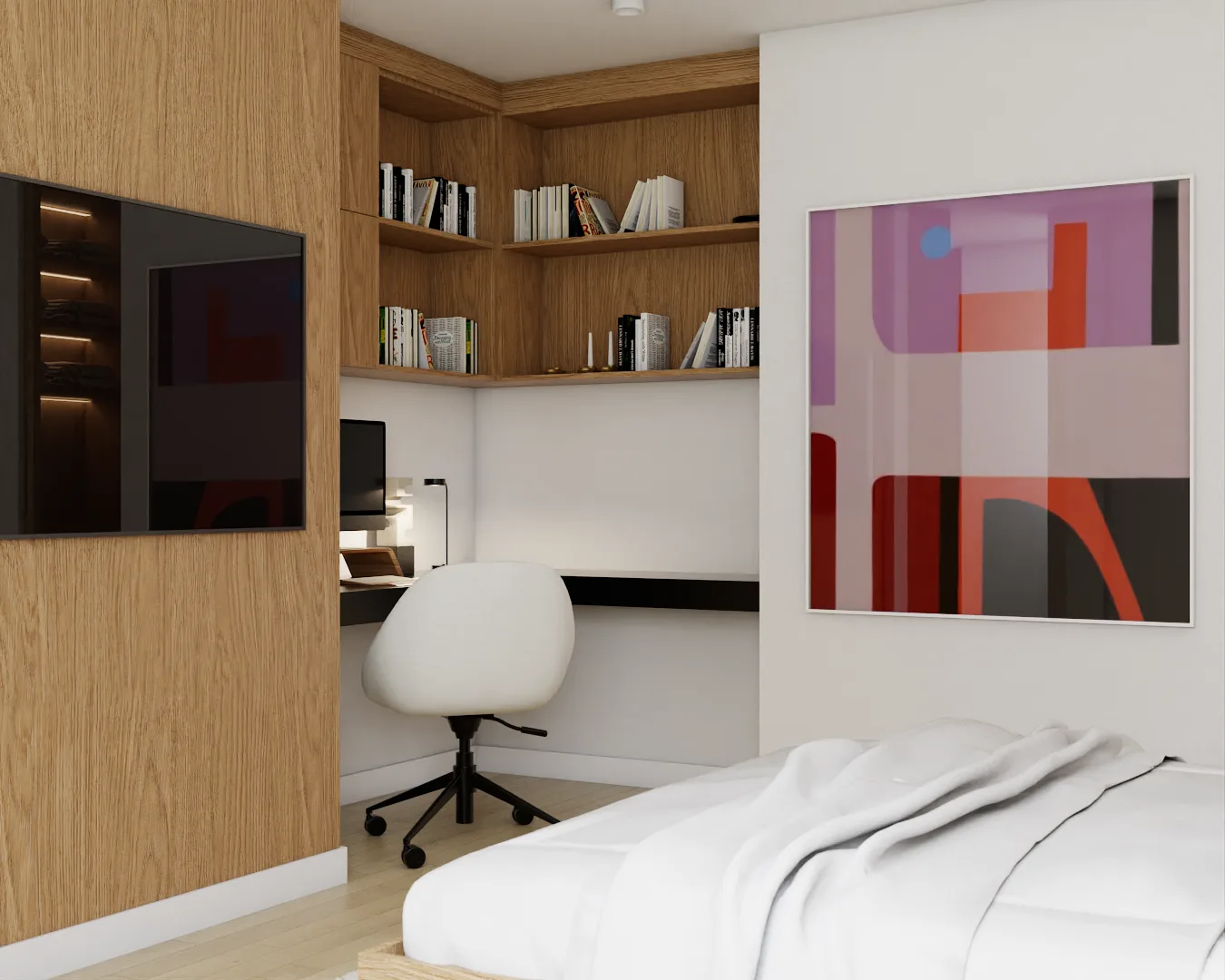 Corner view of oak TV wall, desk nook with bookshelves, white task chair, and abstract art