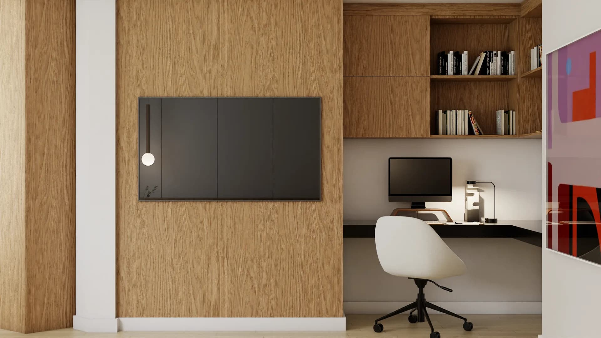 Close-up of oak TV panel with sconce and adjacent desk nook with upper cabinetry