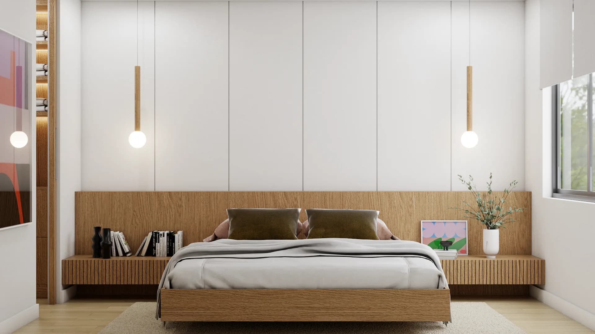 Wide bedroom angle showing pendants, oak headboard panel, ribbed nightstands, and closet glimpse