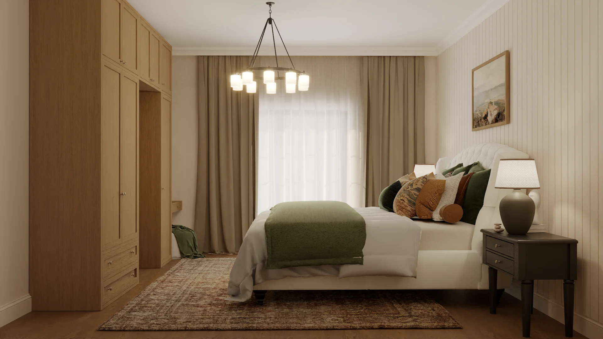 Master bedroom with oak built-in wardrobe, white upholstered bed, and green accent pillows