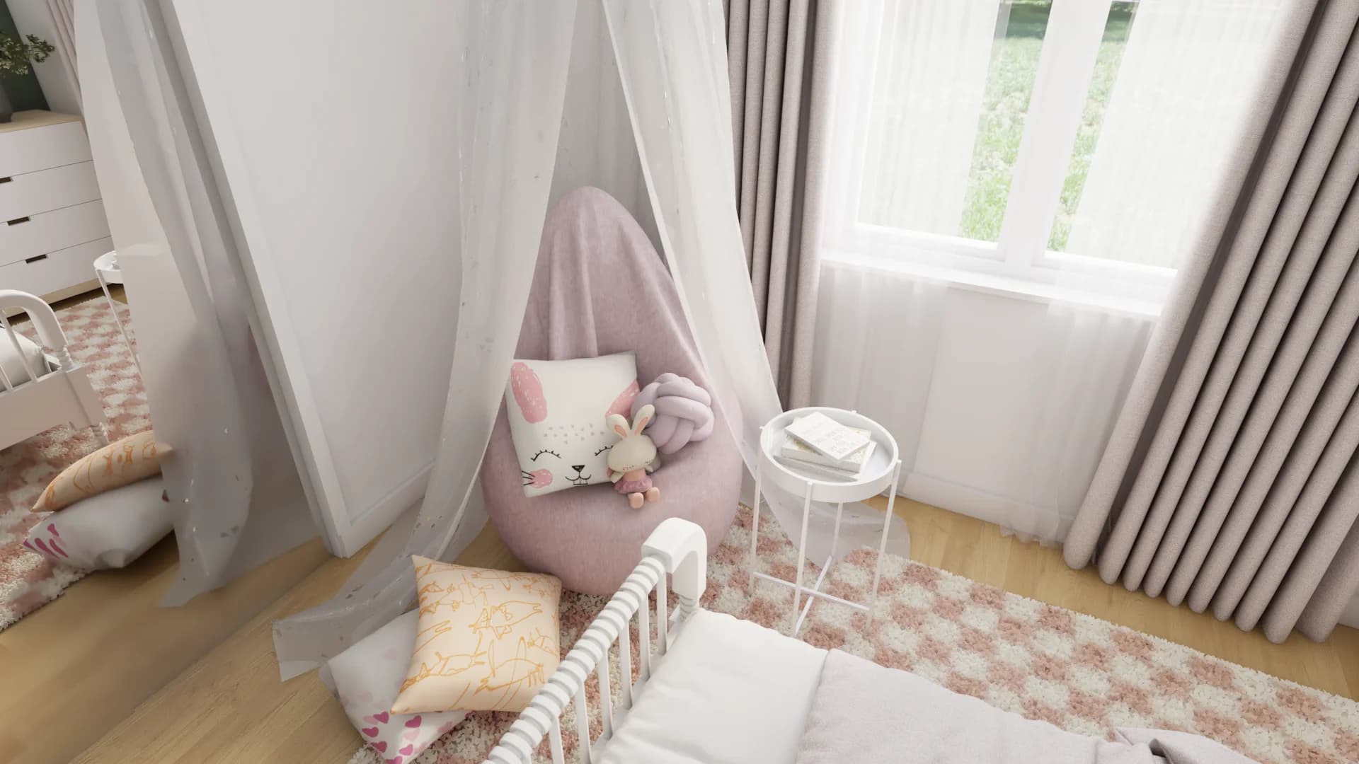 Pink bean bag under white canopy drape with bunny cushion, checkered rug, crib rail