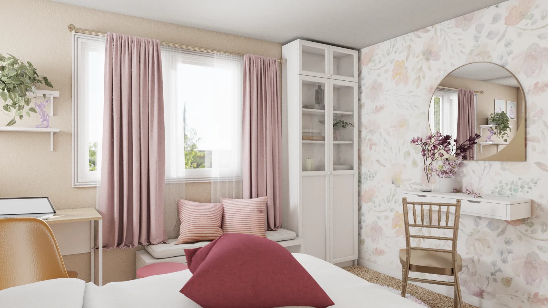 Pink window seat with striped cushions, glass cabinet, floral wallpaper accent wall and arch mirror