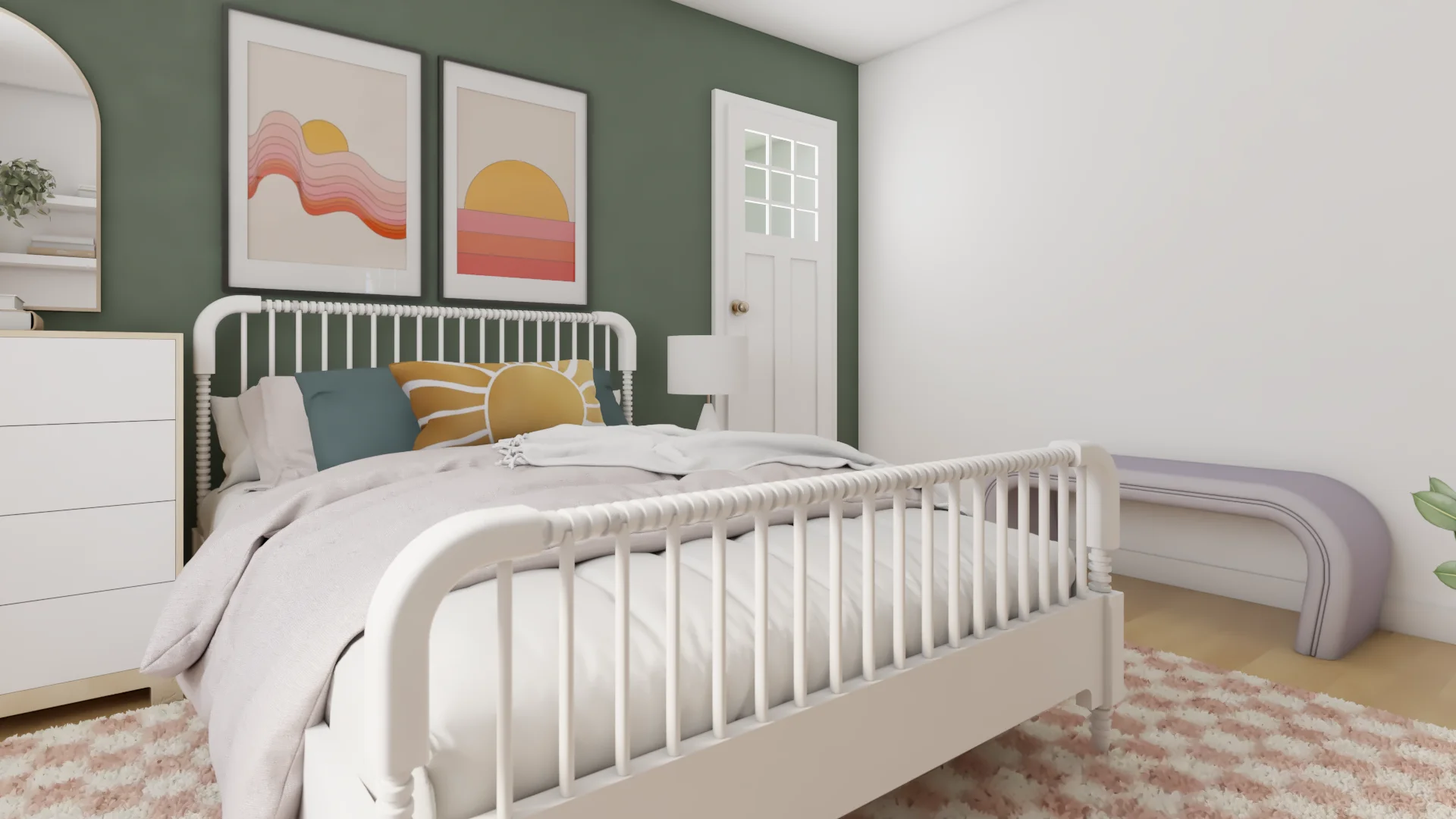 Sage green accent wall with two sunset art prints above white spindle bed, pink checkered rug