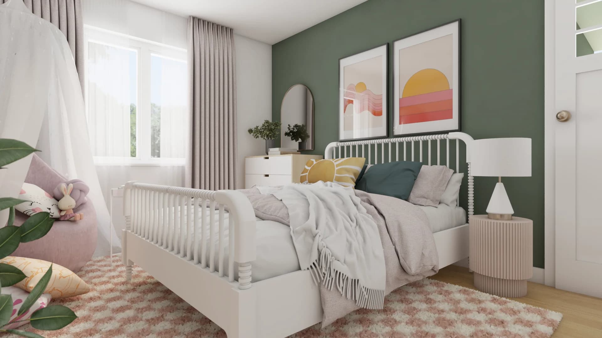 White spindle bed against sage green wall with sunset art, blush curtains and canopy nursery nook with pink checkered rug